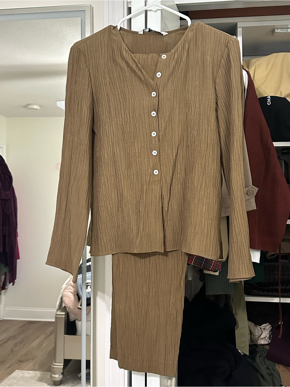 Zara Crinkled Button-Front Top and Pant in Camel